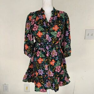Avara Elena Floral Belted 3/4 Sleeve Mini Dress Black Multicolor Size XS $88
